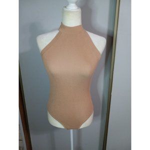 Lulu's Large Blush Pink Knit Halter Stretch Open Back One Piece Bodysuit